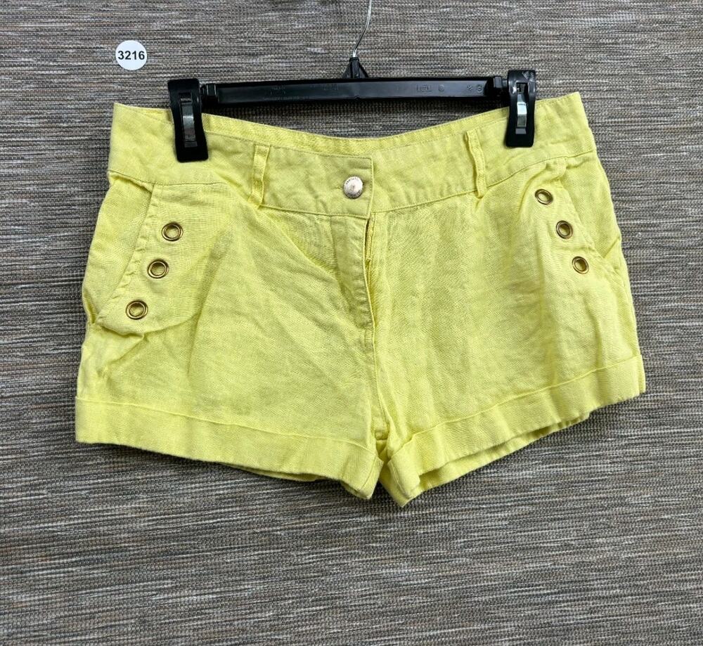 VANTARSI 100% Linen Shorts Womens Size L Yellow Rolled-Up Stretch Beach